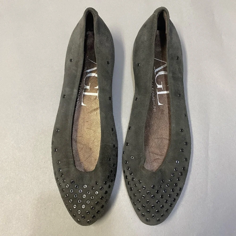 AGL Attilio Giusti Leombruni Flats US Size 5 Suede Leather Grommet Mist Grey NWT